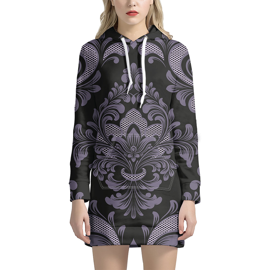 Black And Purple Damask Pattern Print Hoodie Dress