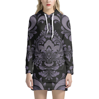 Black And Purple Damask Pattern Print Hoodie Dress