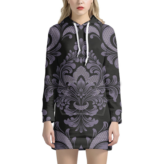 Black And Purple Damask Pattern Print Hoodie Dress