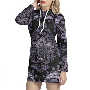 Black And Purple Damask Pattern Print Hoodie Dress