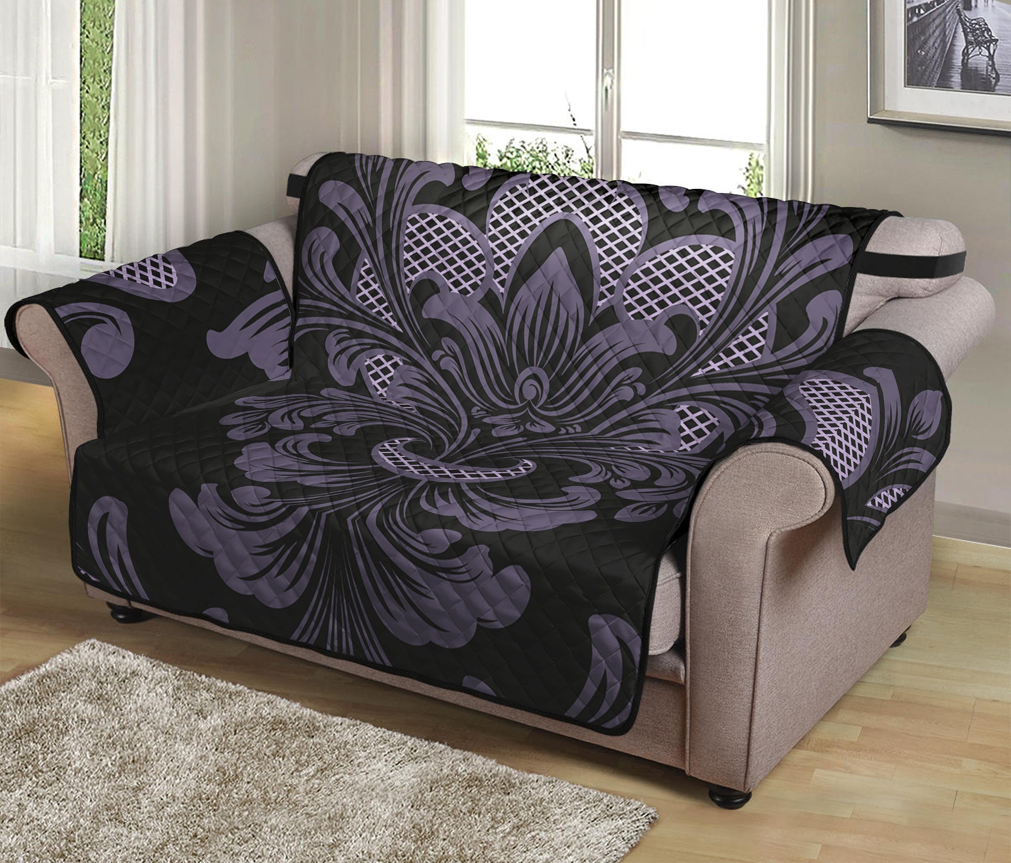 Black And Purple Damask Pattern Print Loveseat Protector