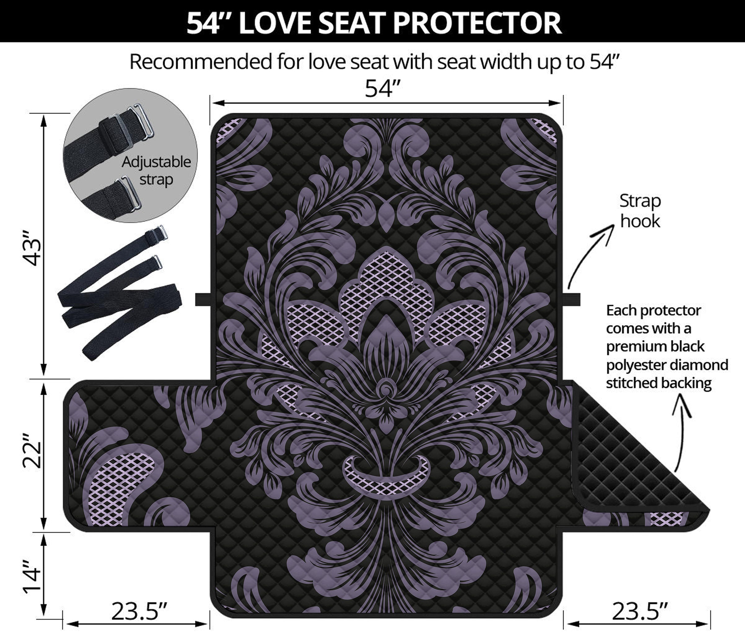 Black And Purple Damask Pattern Print Loveseat Protector