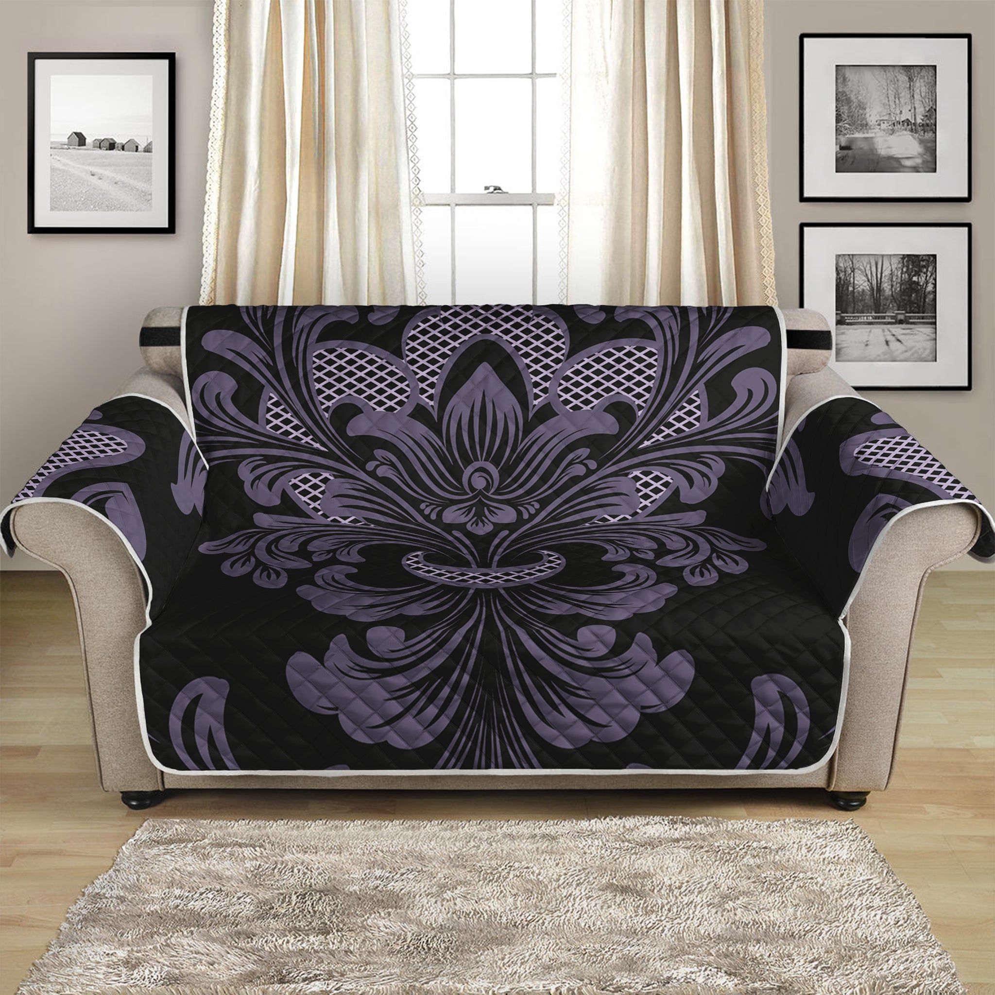 Black And Purple Damask Pattern Print Loveseat Protector