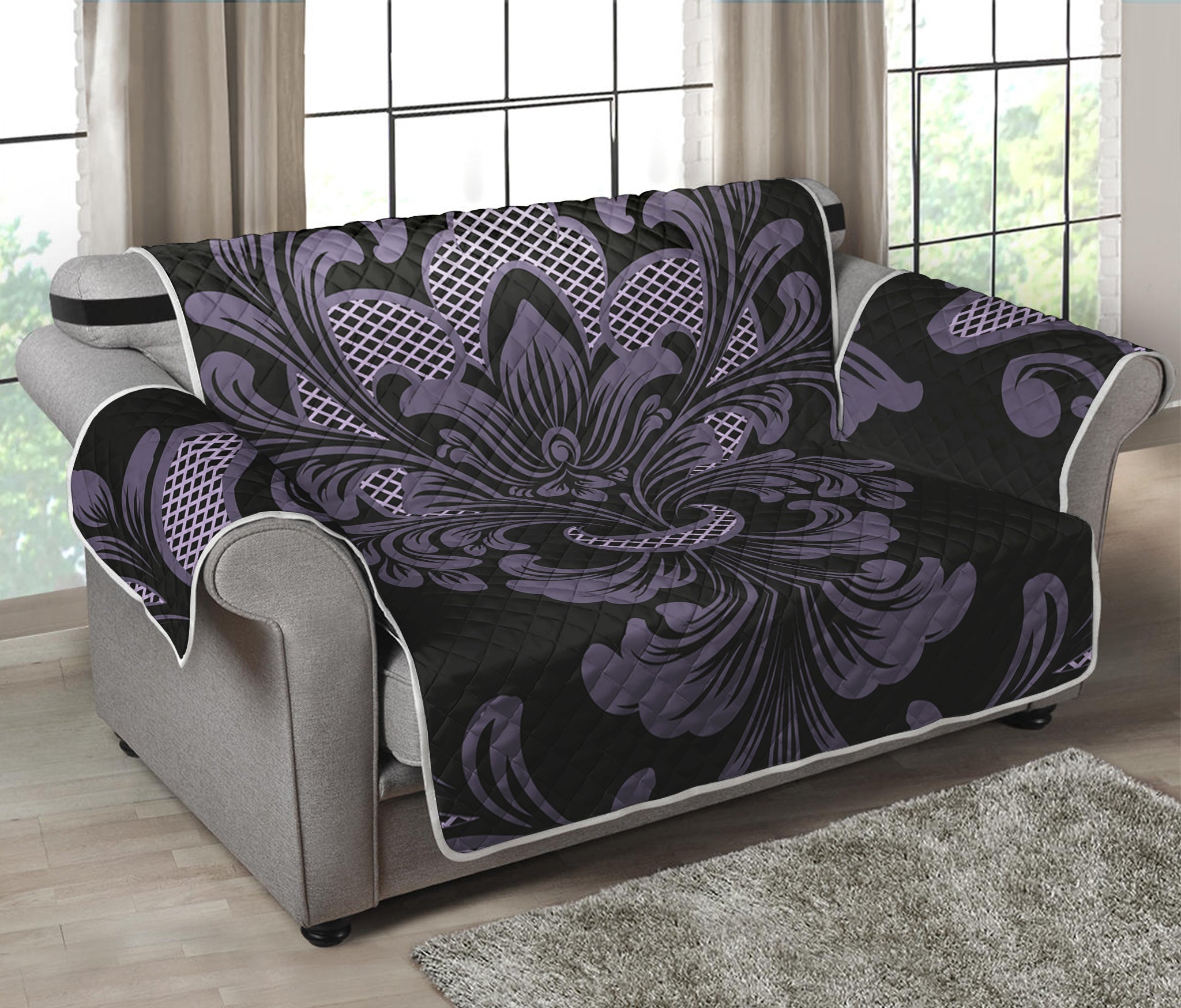 Black And Purple Damask Pattern Print Loveseat Protector