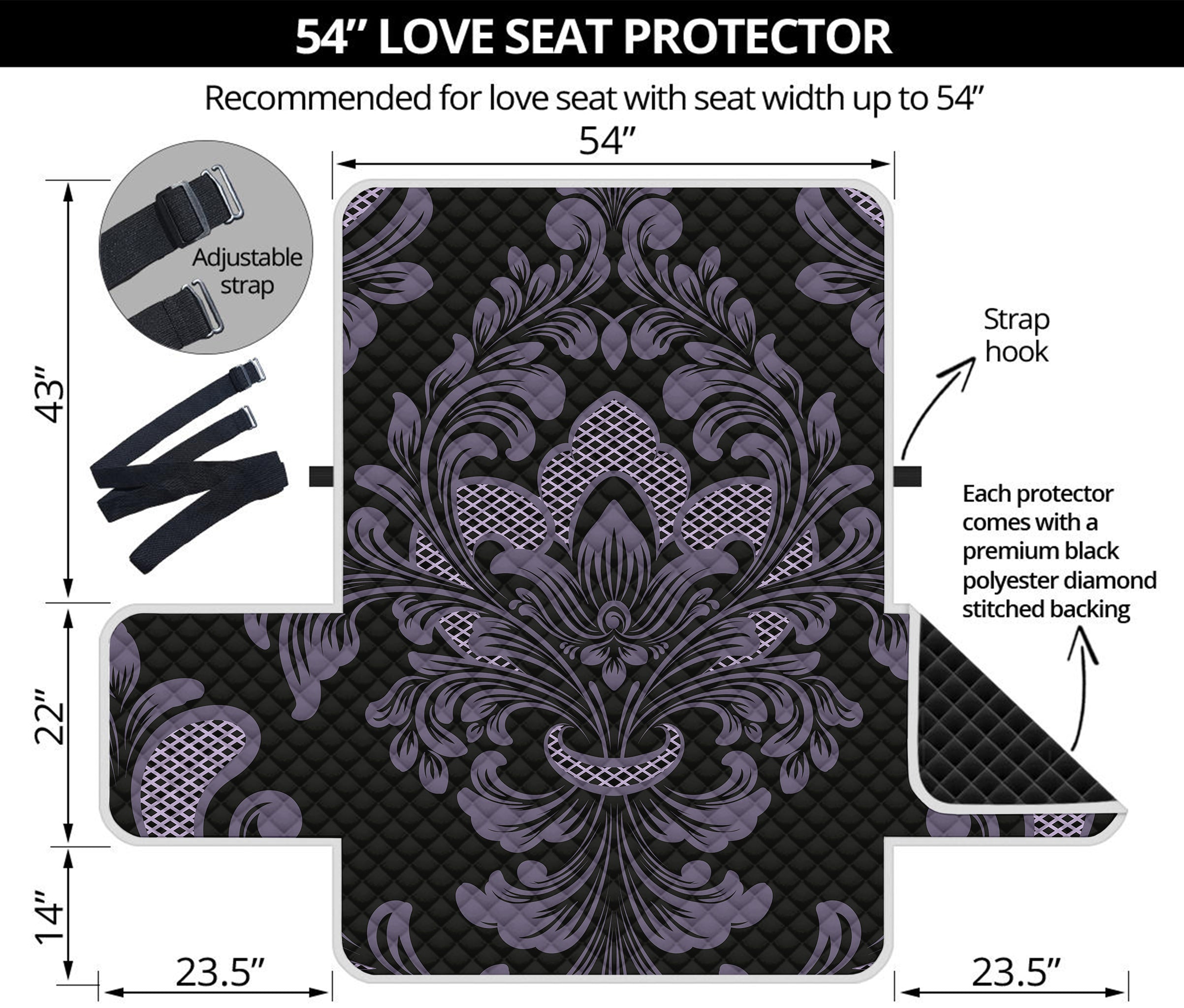 Black And Purple Damask Pattern Print Loveseat Protector