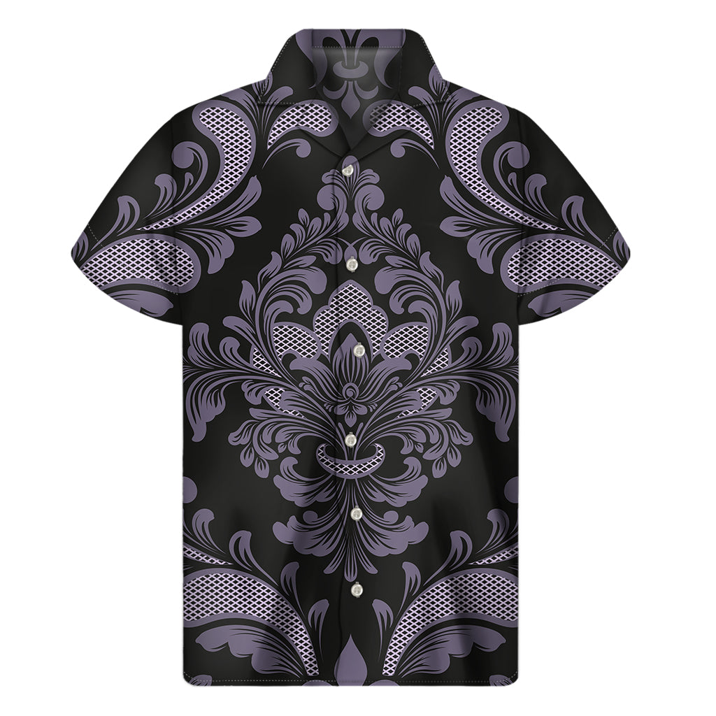 Black And Purple Damask Pattern Print Men's Short Sleeve Shirt