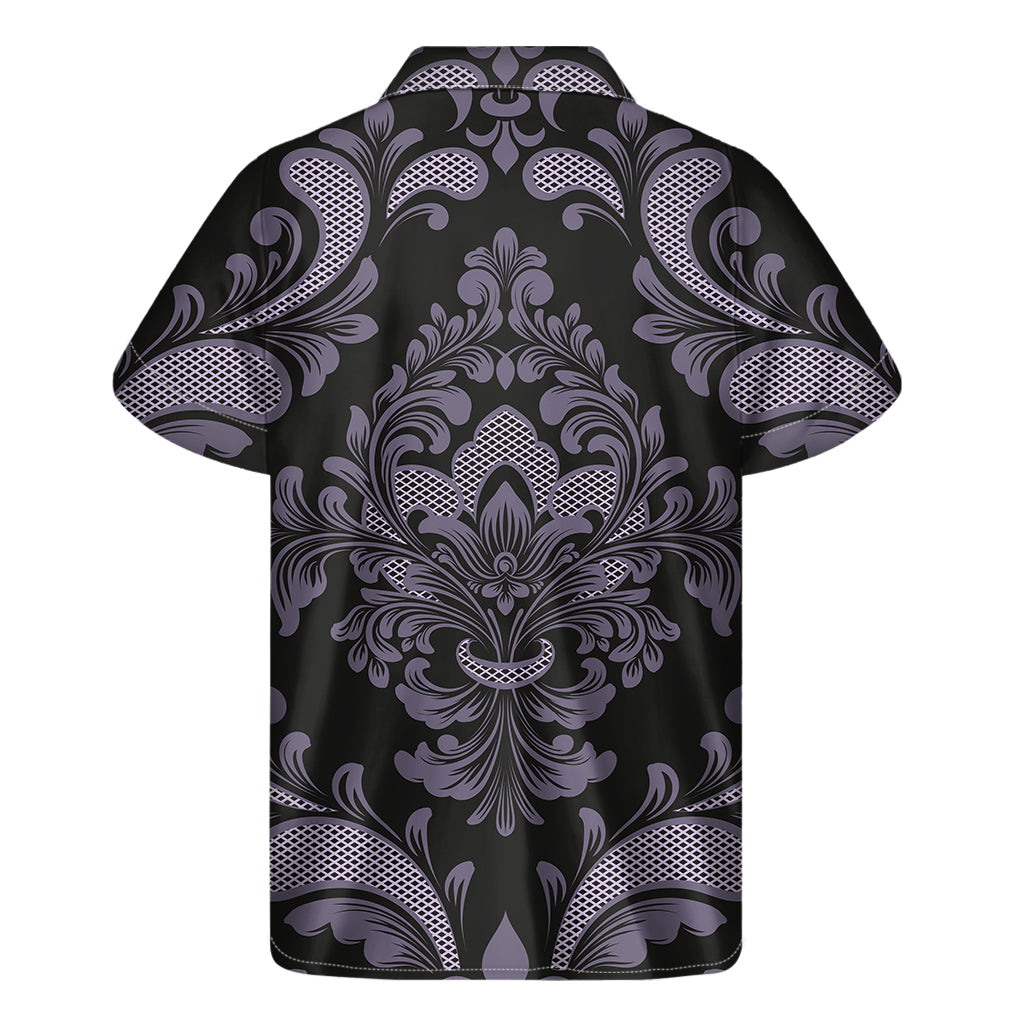 Black And Purple Damask Pattern Print Men's Short Sleeve Shirt