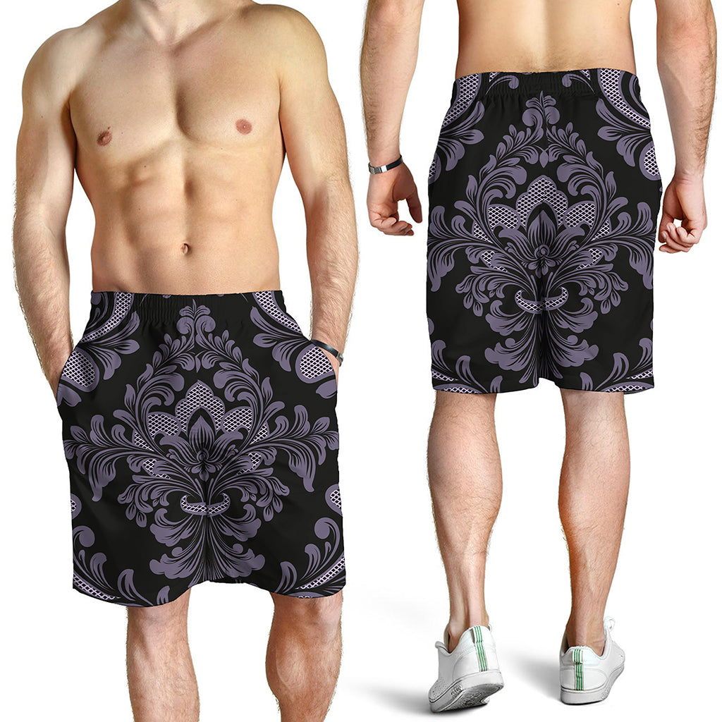 Black And Purple Damask Pattern Print Men's Shorts