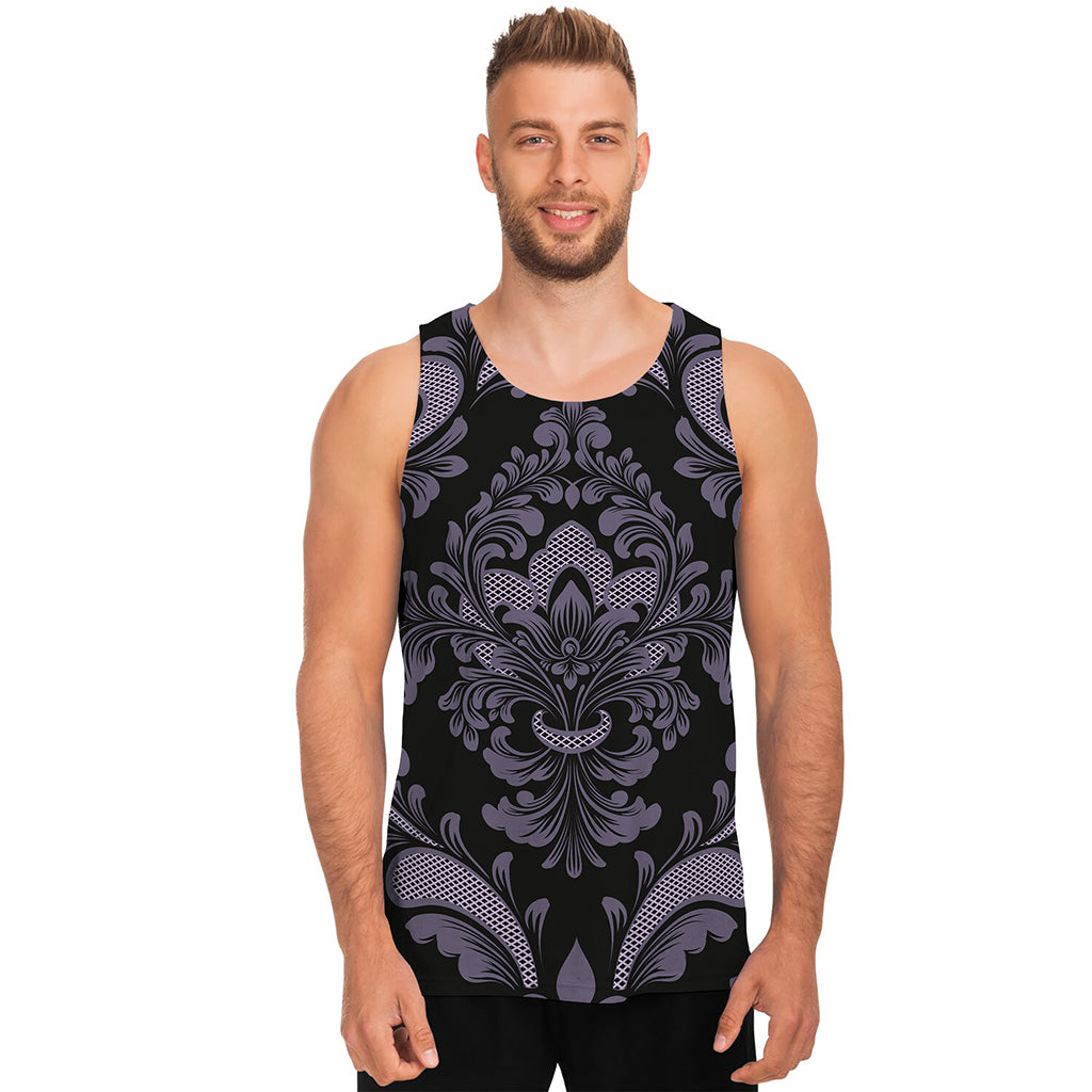 Black And Purple Damask Pattern Print Men's Tank Top