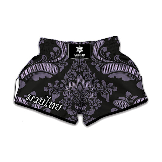 Black And Purple Damask Pattern Print Muay Thai Boxing Shorts