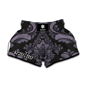 Black And Purple Damask Pattern Print Muay Thai Boxing Shorts