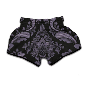 Black And Purple Damask Pattern Print Muay Thai Boxing Shorts