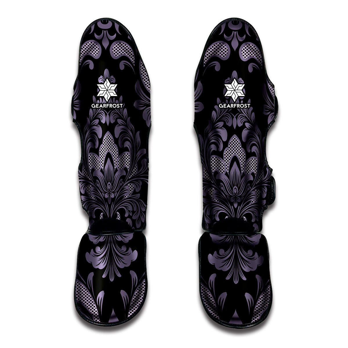 Black And Purple Damask Pattern Print Muay Thai Shin Guard