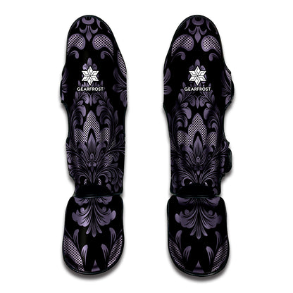 Black And Purple Damask Pattern Print Muay Thai Shin Guard