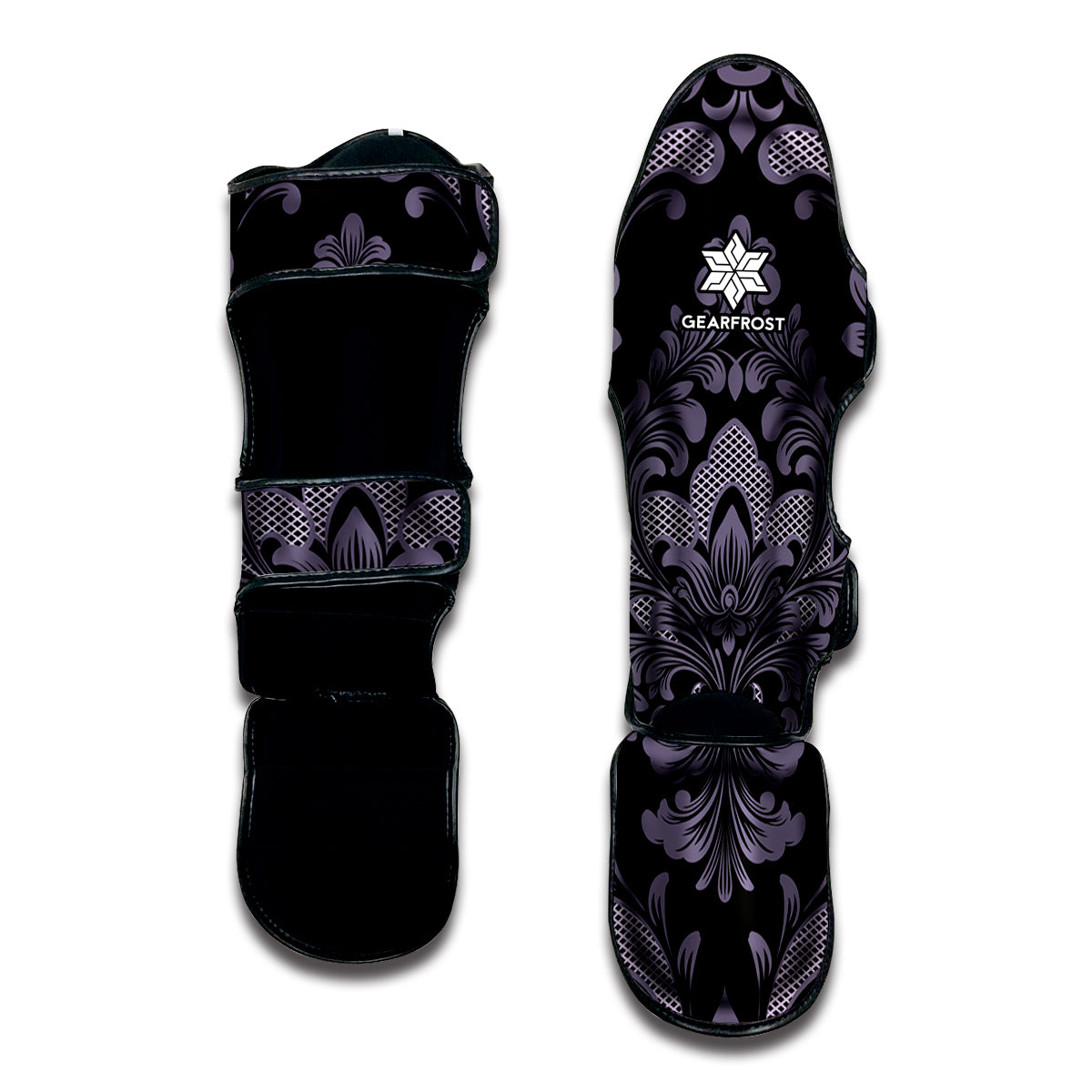Black And Purple Damask Pattern Print Muay Thai Shin Guard