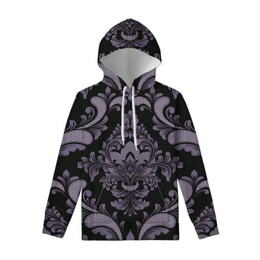 Black And Purple Damask Pattern Print Pullover Hoodie