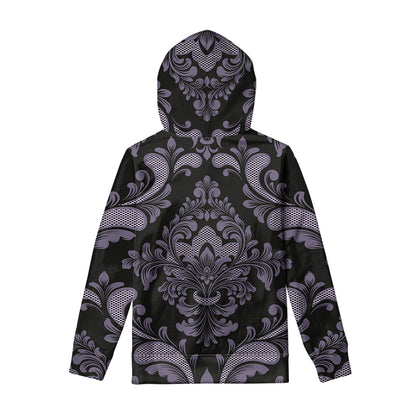 Black And Purple Damask Pattern Print Pullover Hoodie