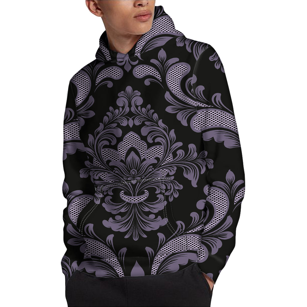 Black And Purple Damask Pattern Print Pullover Hoodie