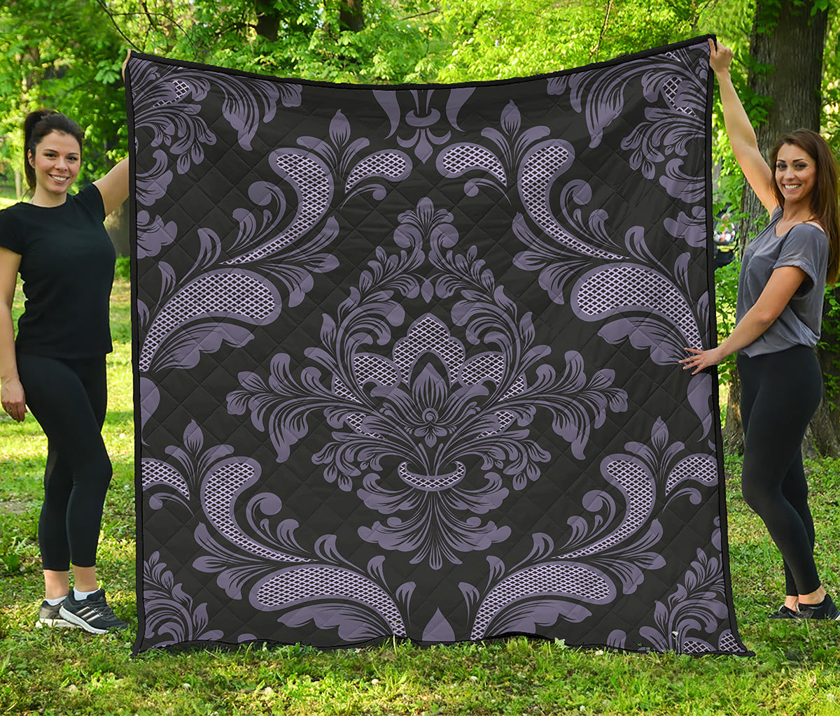 Black And Purple Damask Pattern Print Quilt