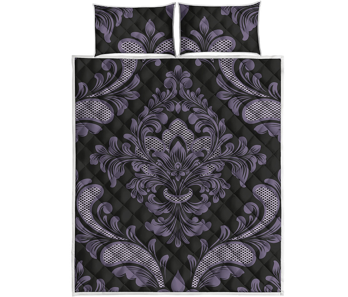 Black And Purple Damask Pattern Print Quilt Bed Set