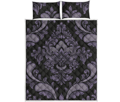 Black And Purple Damask Pattern Print Quilt Bed Set