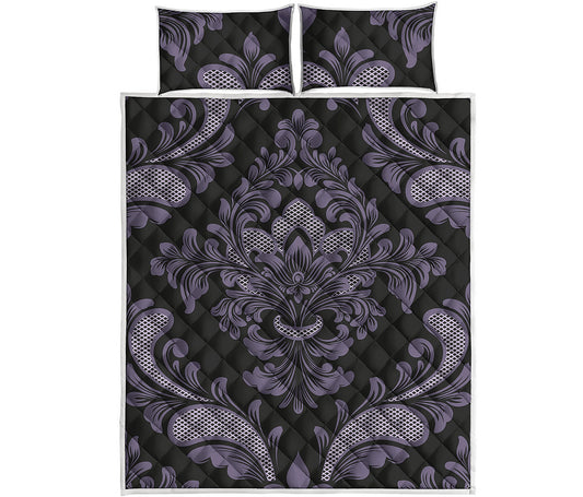 Black And Purple Damask Pattern Print Quilt Bed Set
