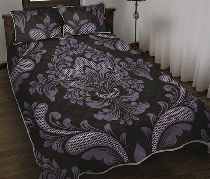Black And Purple Damask Pattern Print Quilt Bed Set