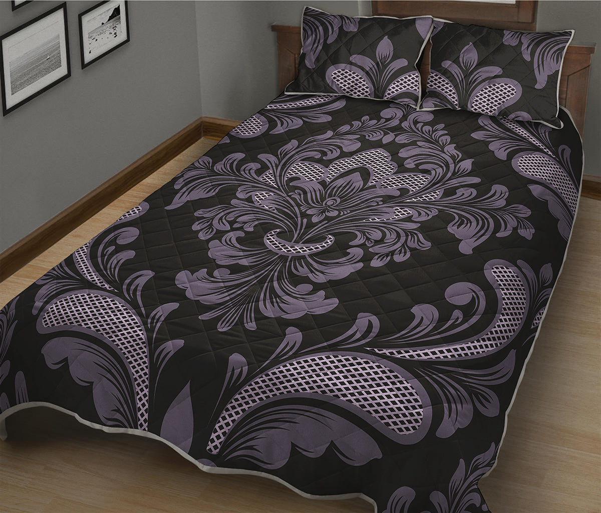 Black And Purple Damask Pattern Print Quilt Bed Set