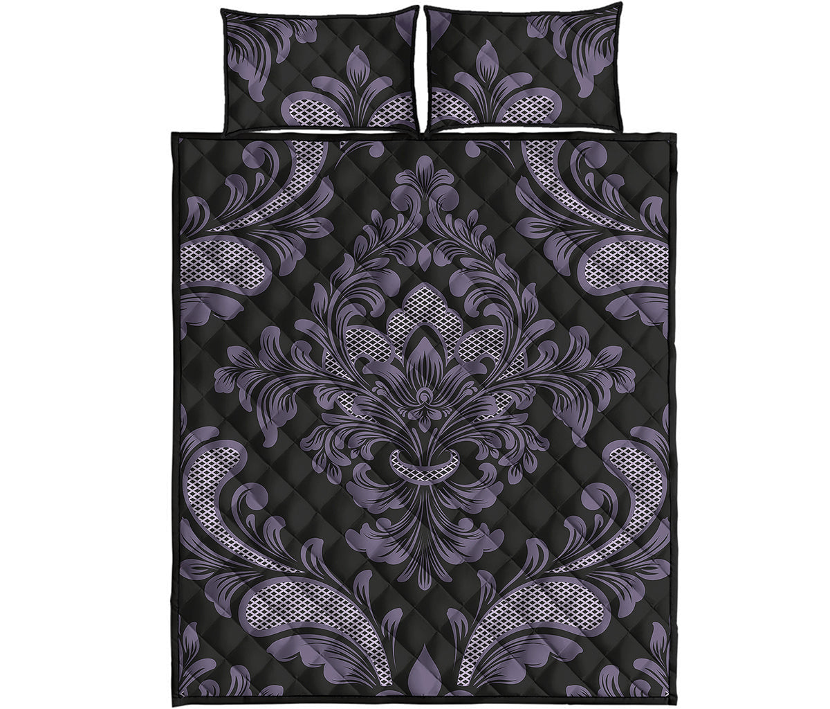 Black And Purple Damask Pattern Print Quilt Bed Set