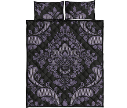 Black And Purple Damask Pattern Print Quilt Bed Set