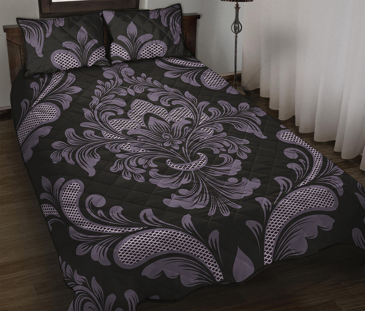 Black And Purple Damask Pattern Print Quilt Bed Set