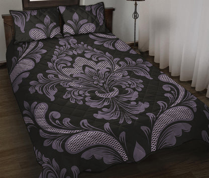 Black And Purple Damask Pattern Print Quilt Bed Set