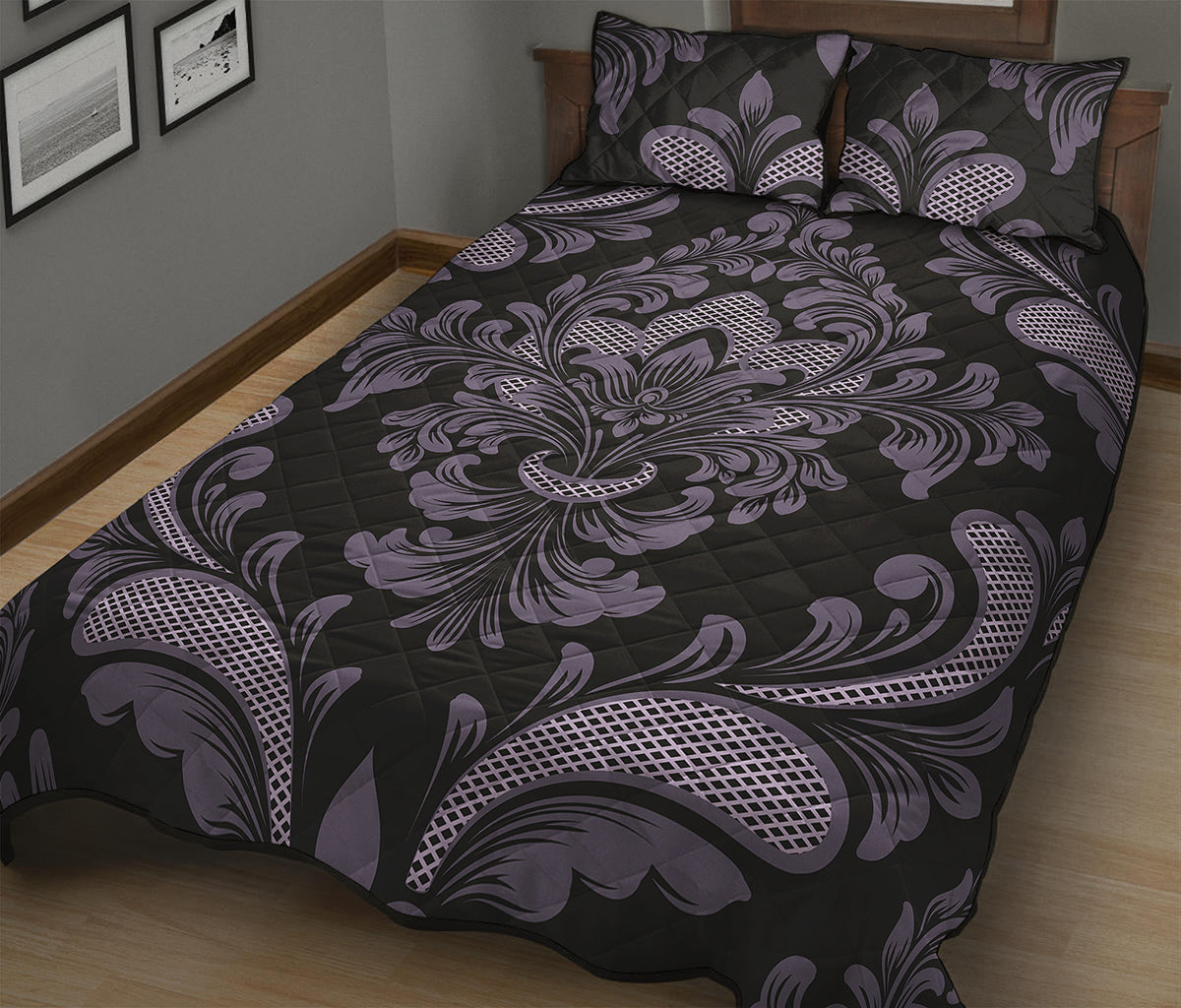 Black And Purple Damask Pattern Print Quilt Bed Set