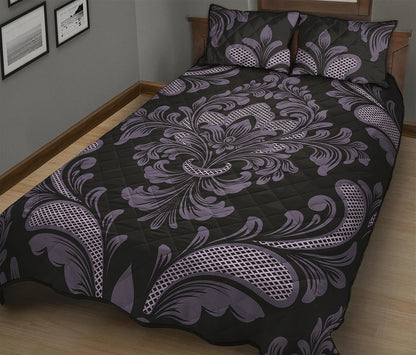 Black And Purple Damask Pattern Print Quilt Bed Set