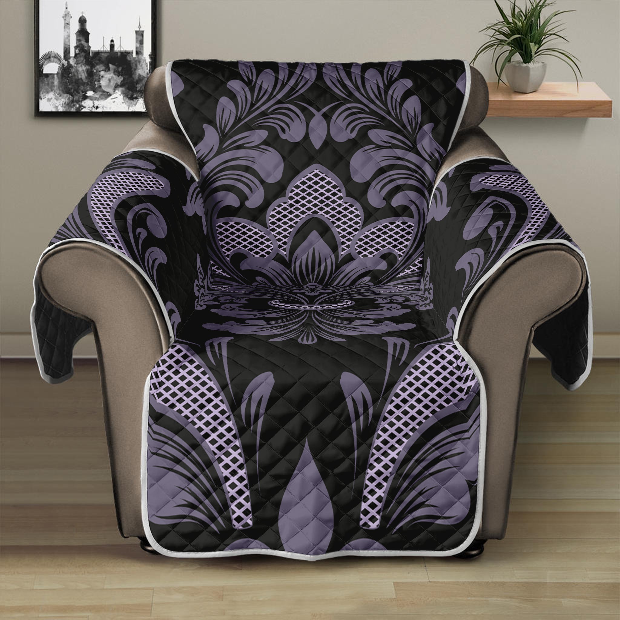 Black And Purple Damask Pattern Print Recliner Protector