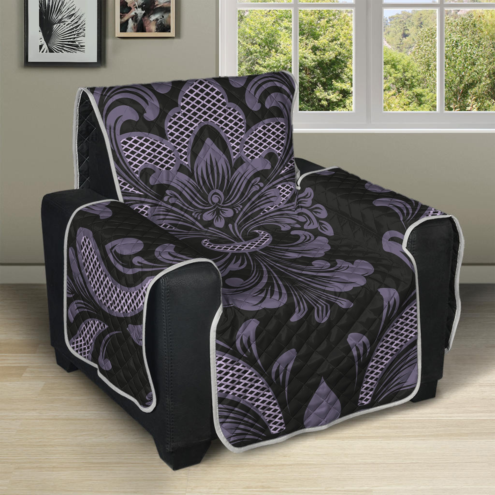 Black And Purple Damask Pattern Print Recliner Protector