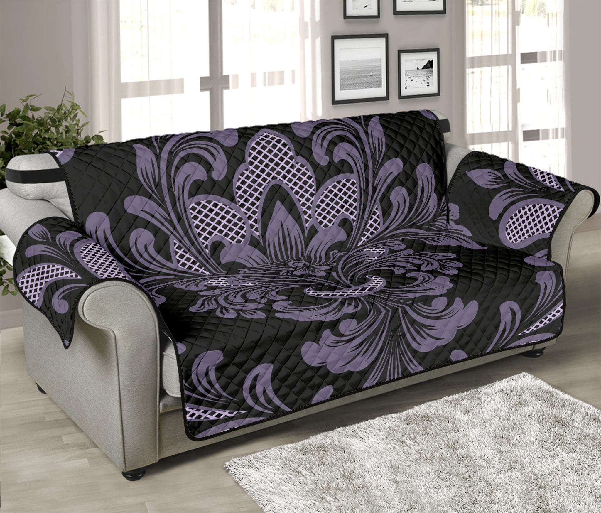 Black And Purple Damask Pattern Print Sofa Protector