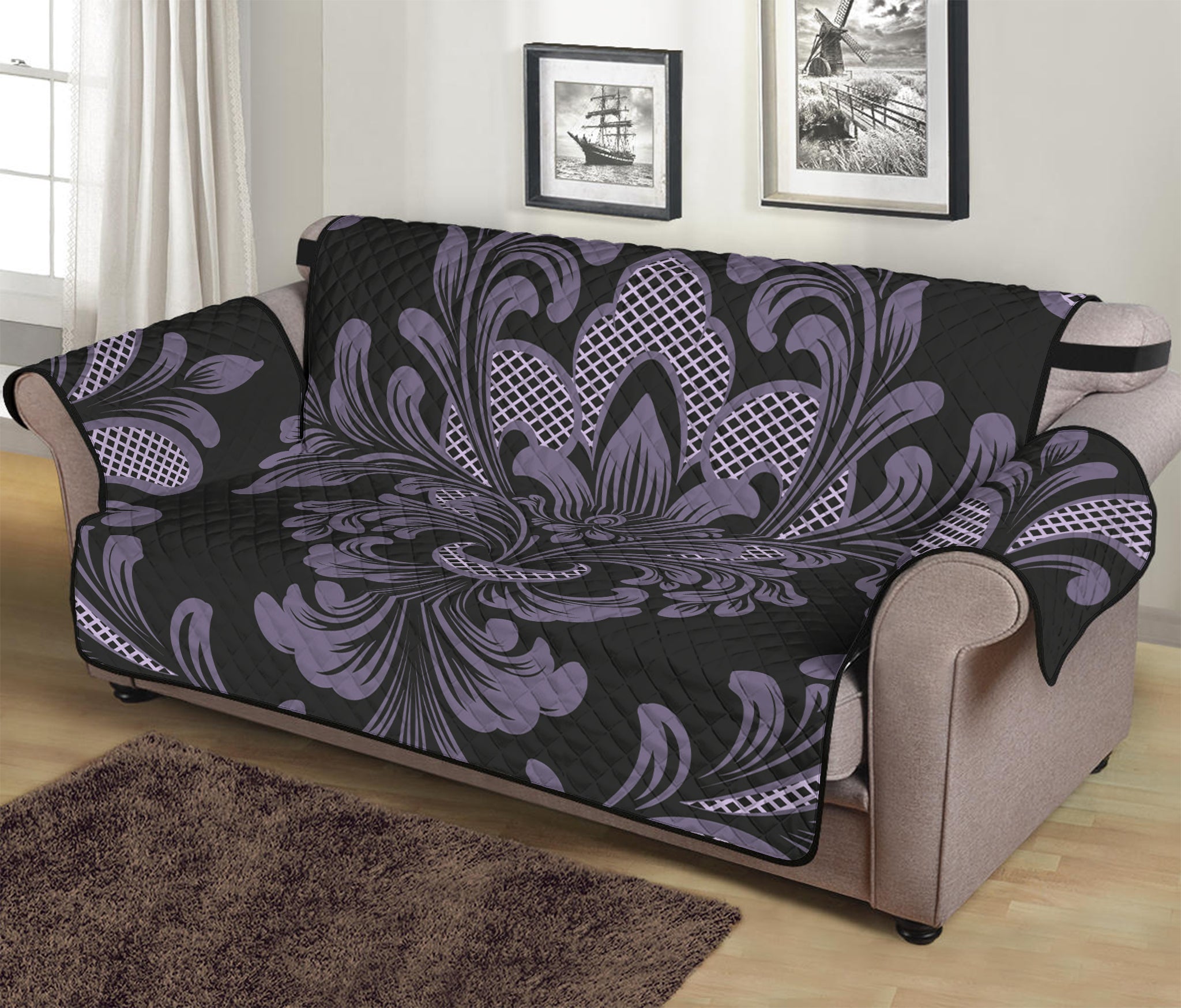 Black And Purple Damask Pattern Print Sofa Protector