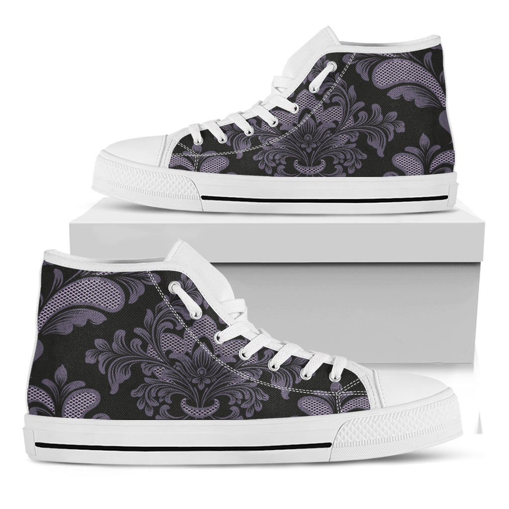 Black And Purple Damask Pattern Print White High Top Shoes
