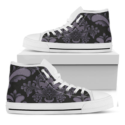 Black And Purple Damask Pattern Print White High Top Shoes