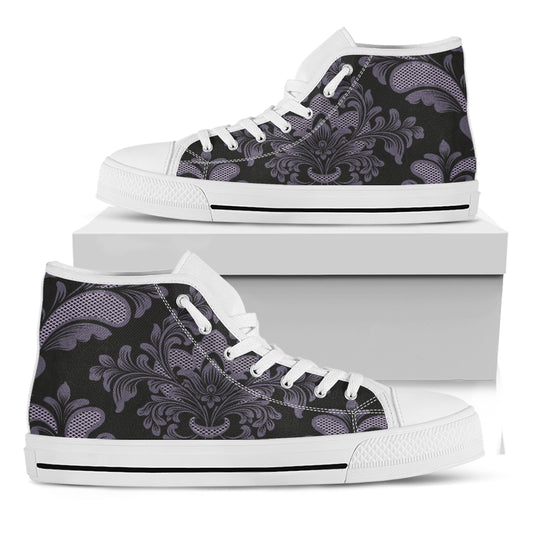 Black And Purple Damask Pattern Print White High Top Shoes