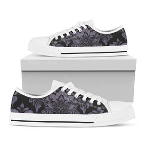 Black And Purple Damask Pattern Print White Low Top Shoes