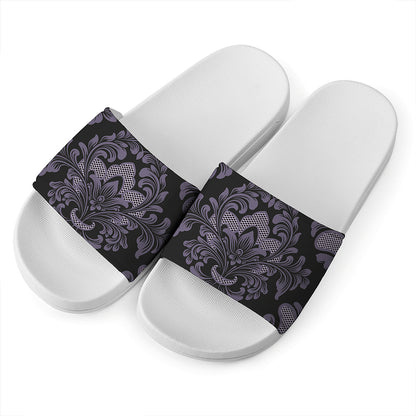 Black And Purple Damask Pattern Print White Slide Sandals