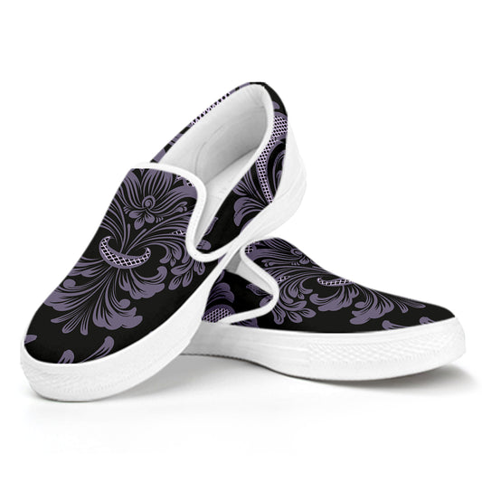 Black And Purple Damask Pattern Print White Slip On Shoes