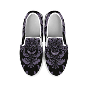 Black And Purple Damask Pattern Print White Slip On Shoes