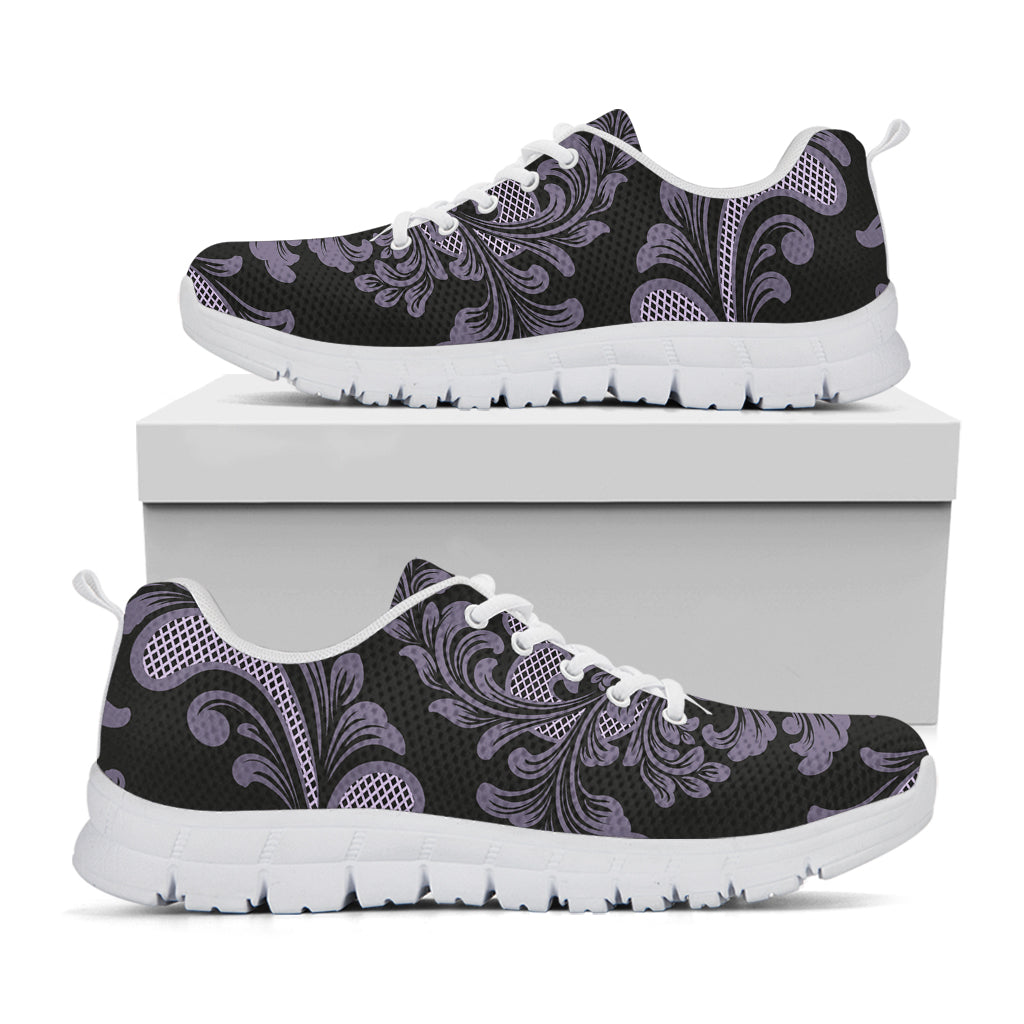 Black And Purple Damask Pattern Print White Sneakers