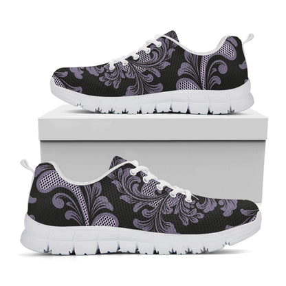 Black And Purple Damask Pattern Print White Sneakers