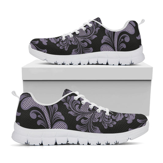 Black And Purple Damask Pattern Print White Sneakers