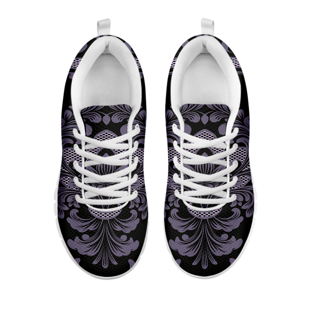 Black And Purple Damask Pattern Print White Sneakers