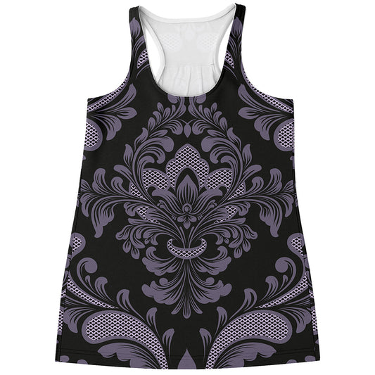 Black And Purple Damask Pattern Print Women's Racerback Tank Top